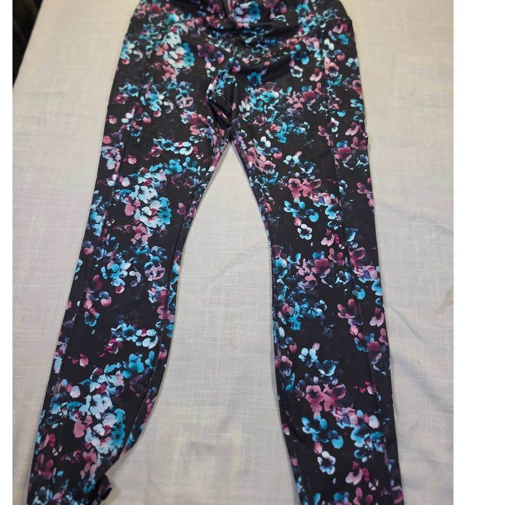 Avia Womens Floral Activewear Leggings XL Black Blue Pink Pockets RN52469